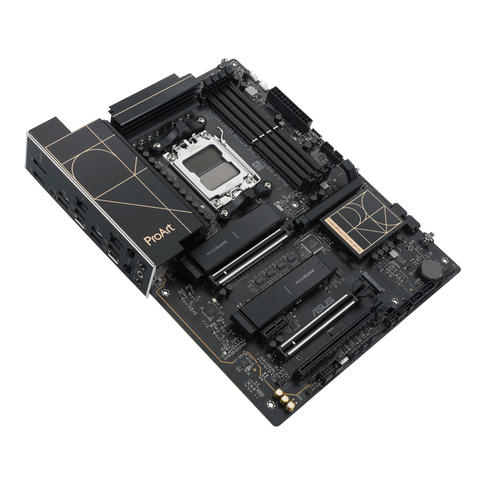 Czarna płyta główna ze złotym wzorem, gniazdem CPU, slotami RAM i slotami M.2.