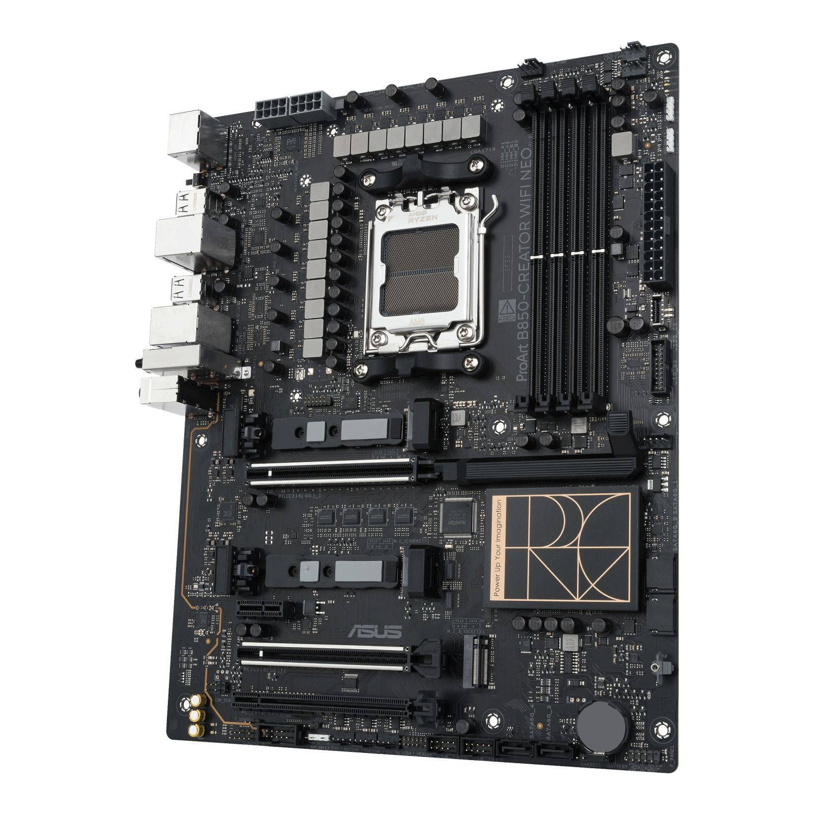 Czarna płyta główna ASUS ProArt B850-CREATOR WIFI NEO z gniazdem CPU i slotami RAM.