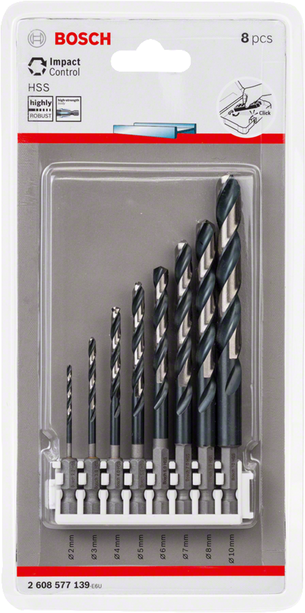 Verpackung mit 8 Bosch HSS Spiralbohrern von 2mm bis 10mm.