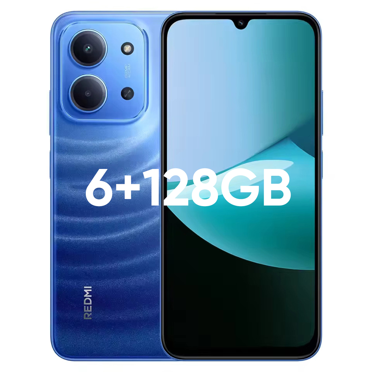 Niebieski smartfon 6+128GB, podwójny aparat tylny, ekran z wcięciem.
