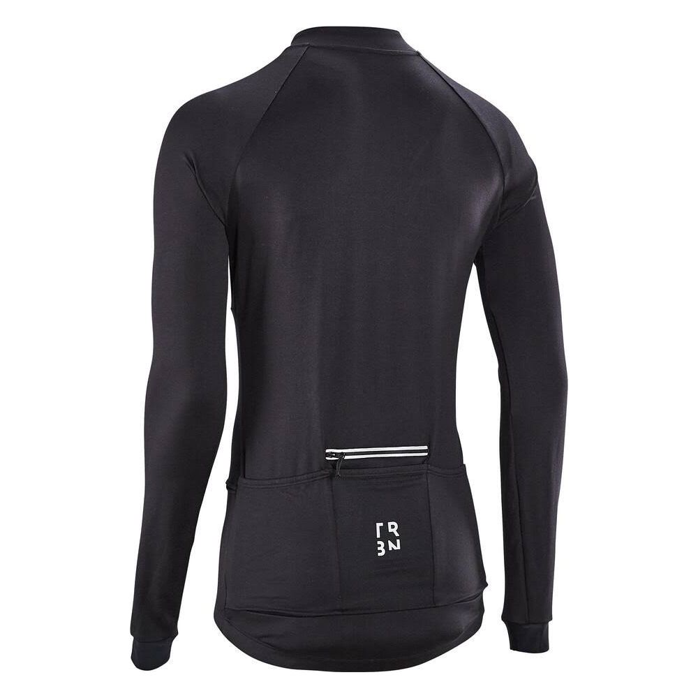 Vue arrière d'un maillot de cyclisme noir à manches longues avec accents blancs et poches.