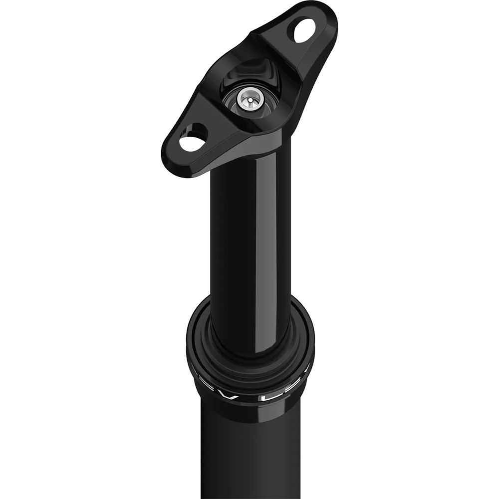 Schwarze Fahrradsattelstütze mit Befestigungsmechanismus und Ringen.