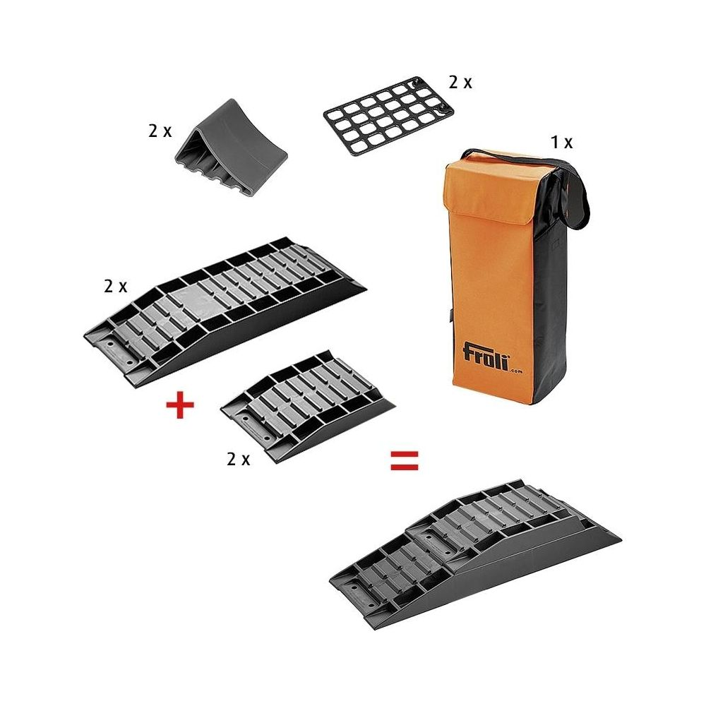 Ein Satz aus zwei schwarzen Auffahrkeilen, zwei grauen Keilen, einem schwarzen Gitter und einer orangen Tasche.