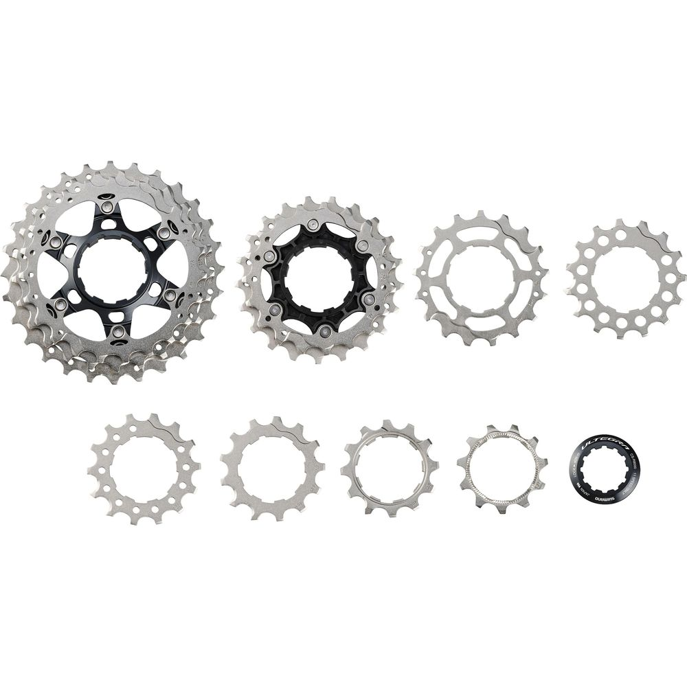 Zehn silberne Fahrradkassettenzahnräder und ein schwarzer Verschlussring.