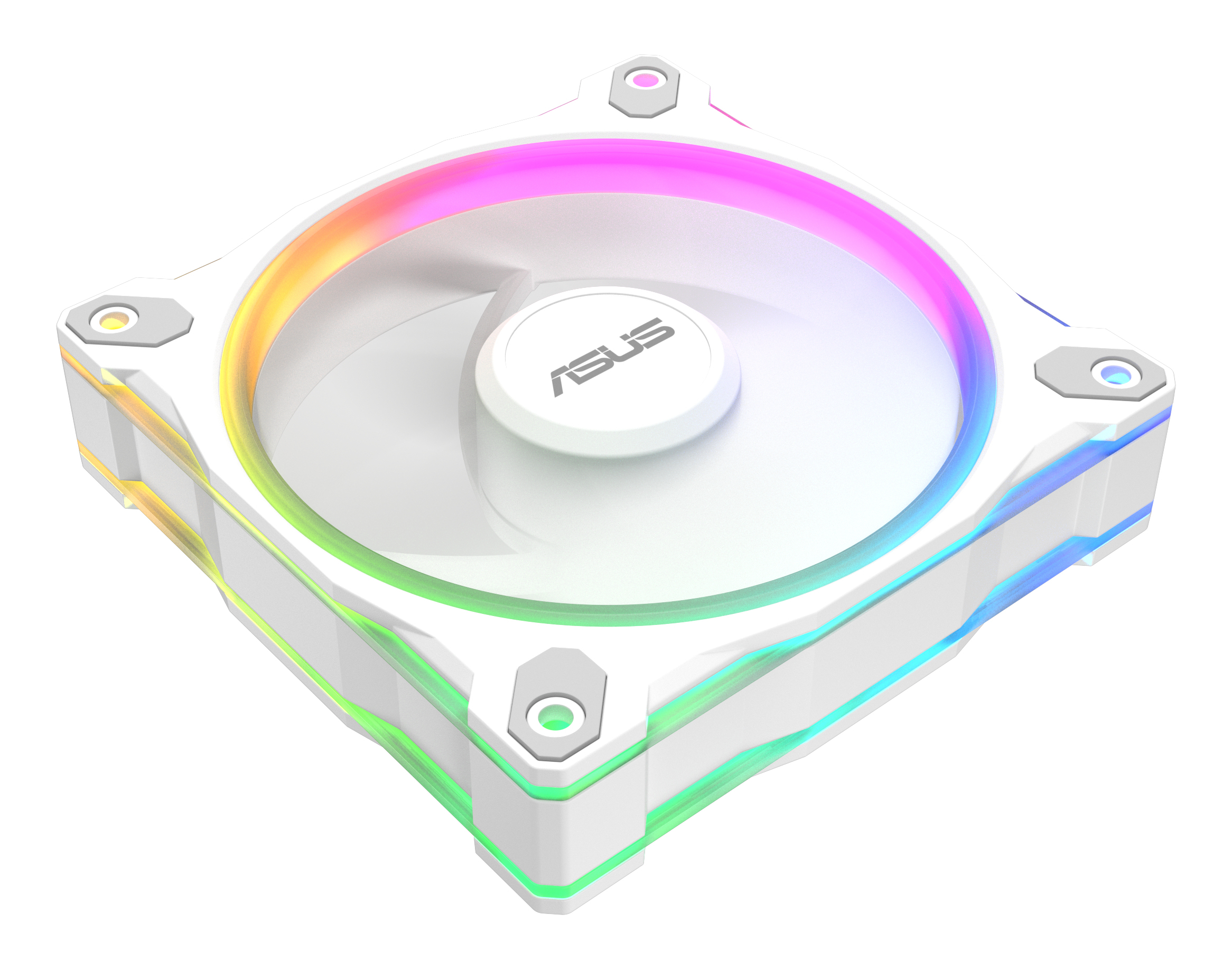 Biały wentylator komputerowy z podświetleniem RGB i logo ASUS.