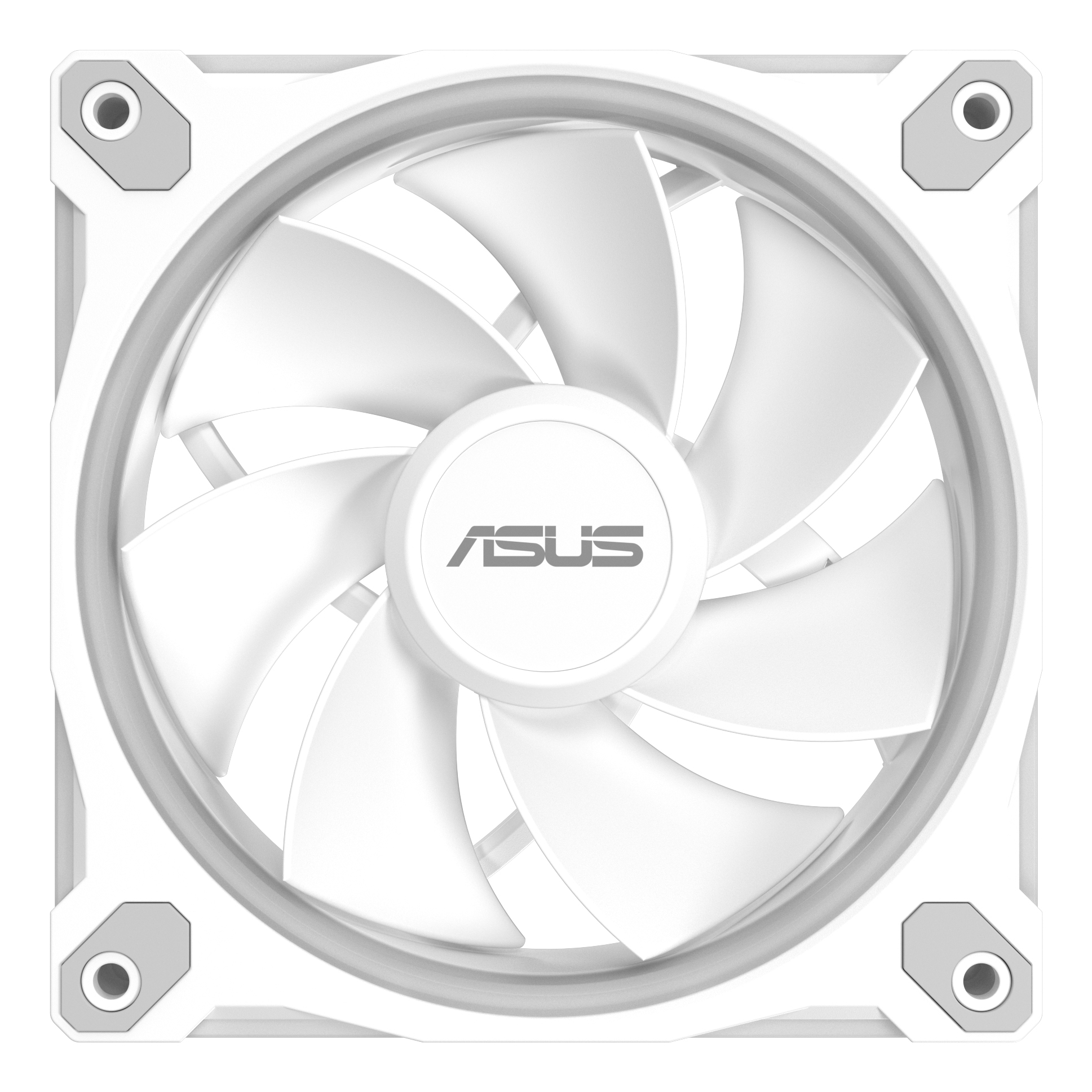 Biały wentylator komputerowy z logo ASUS pośrodku.