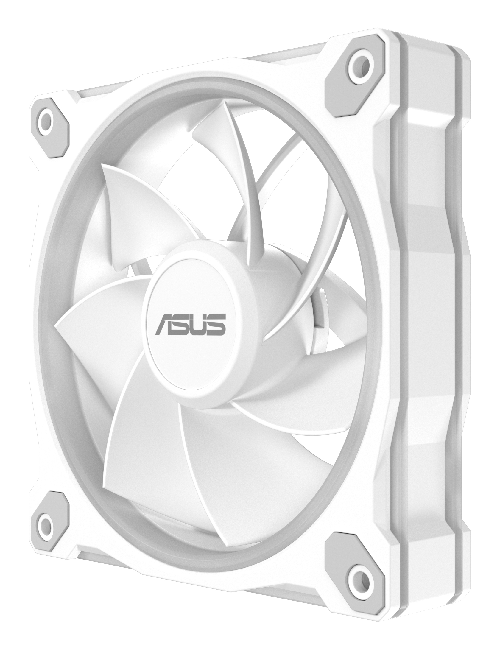 Biały wentylator ASUS z szarymi narożnikami i logo ASUS pośrodku.
