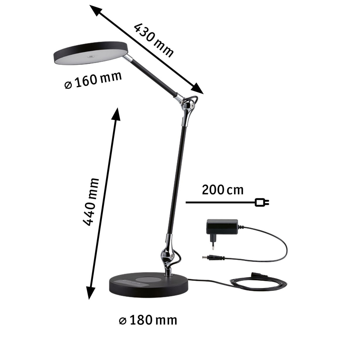 Eine schwarze Schreibtischlampe mit flexiblen Armen und Netzteil. Maße sind angegeben.