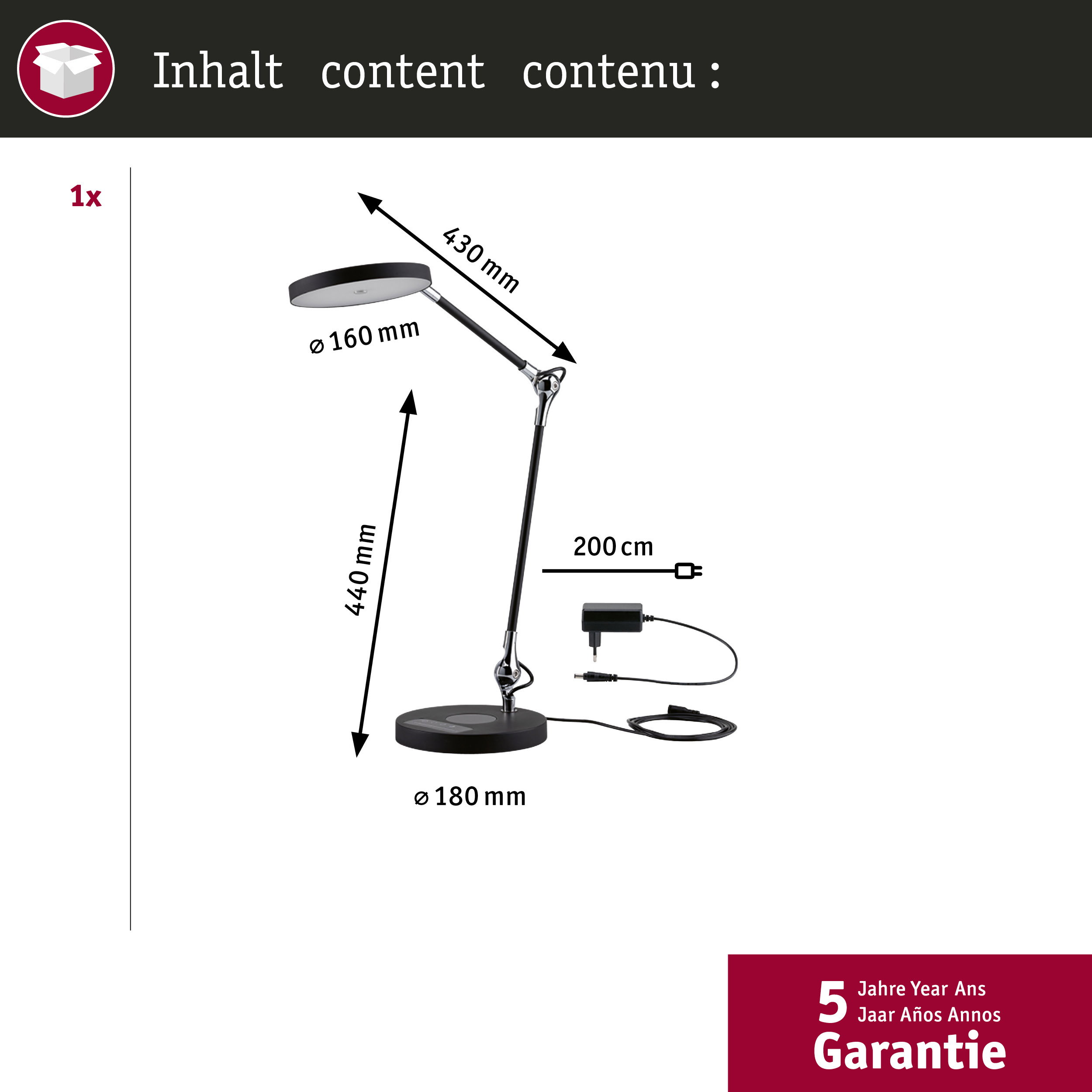 Schwarze Schreibtischlampe mit silbernen Gelenken, Maße angegeben.