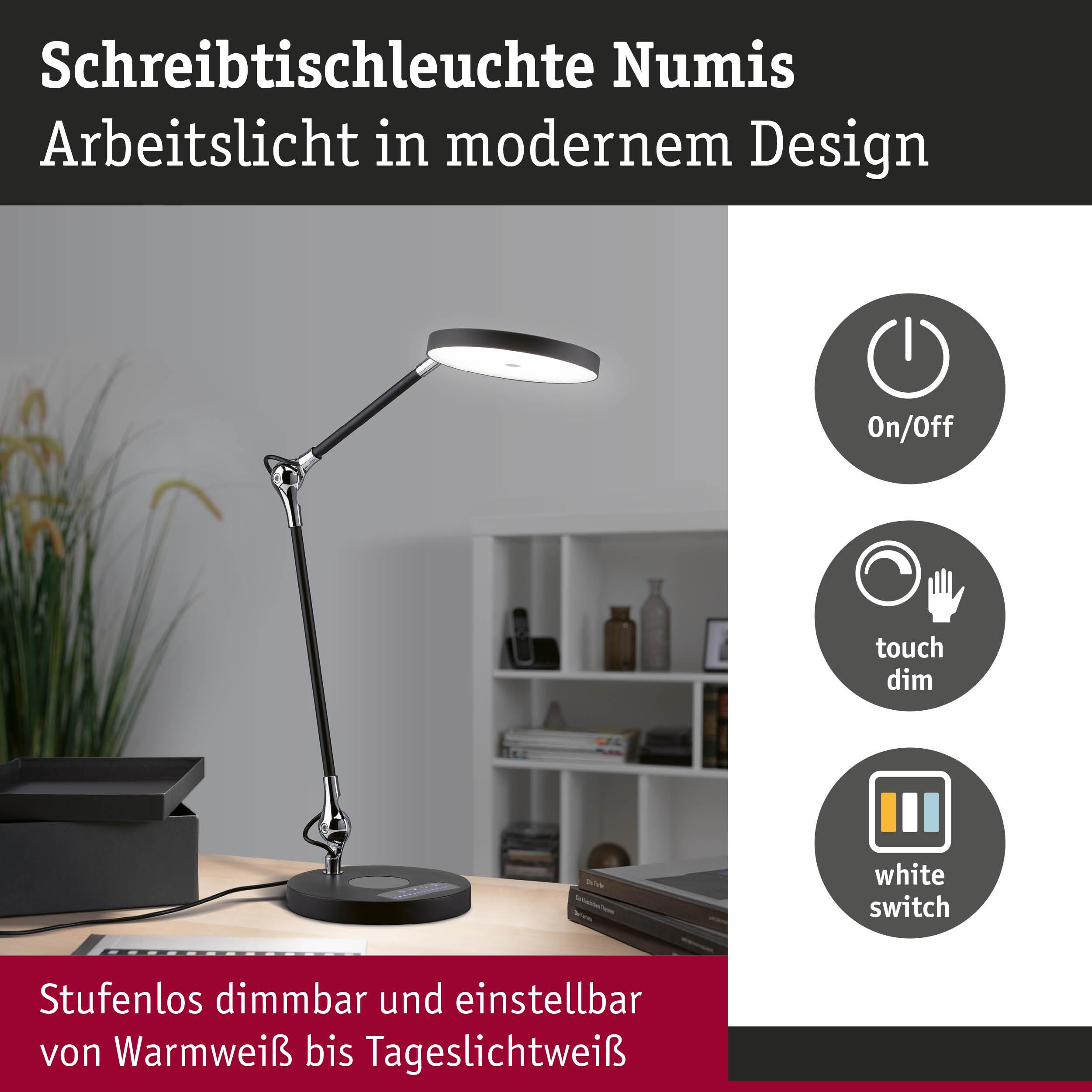 Moderne Schreibtischlampe mit Touch-Dimmer und weißem Schalter.