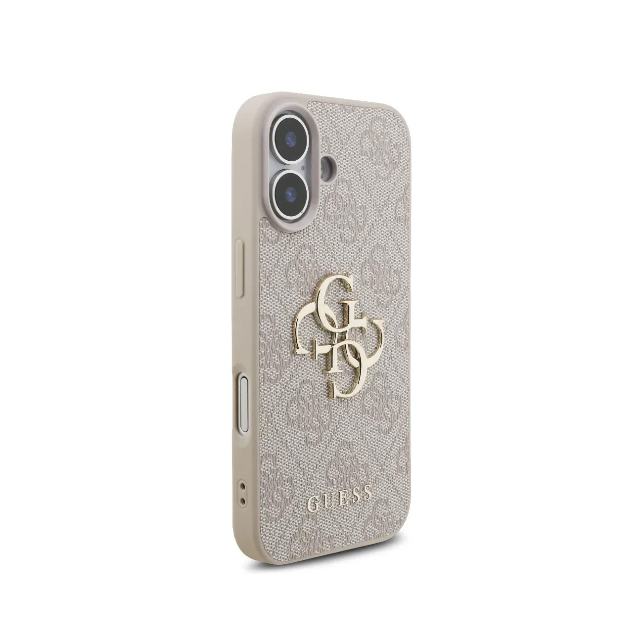 Una custodia beige per telefono con logo GUESS e fantasia su sfondo bianco.