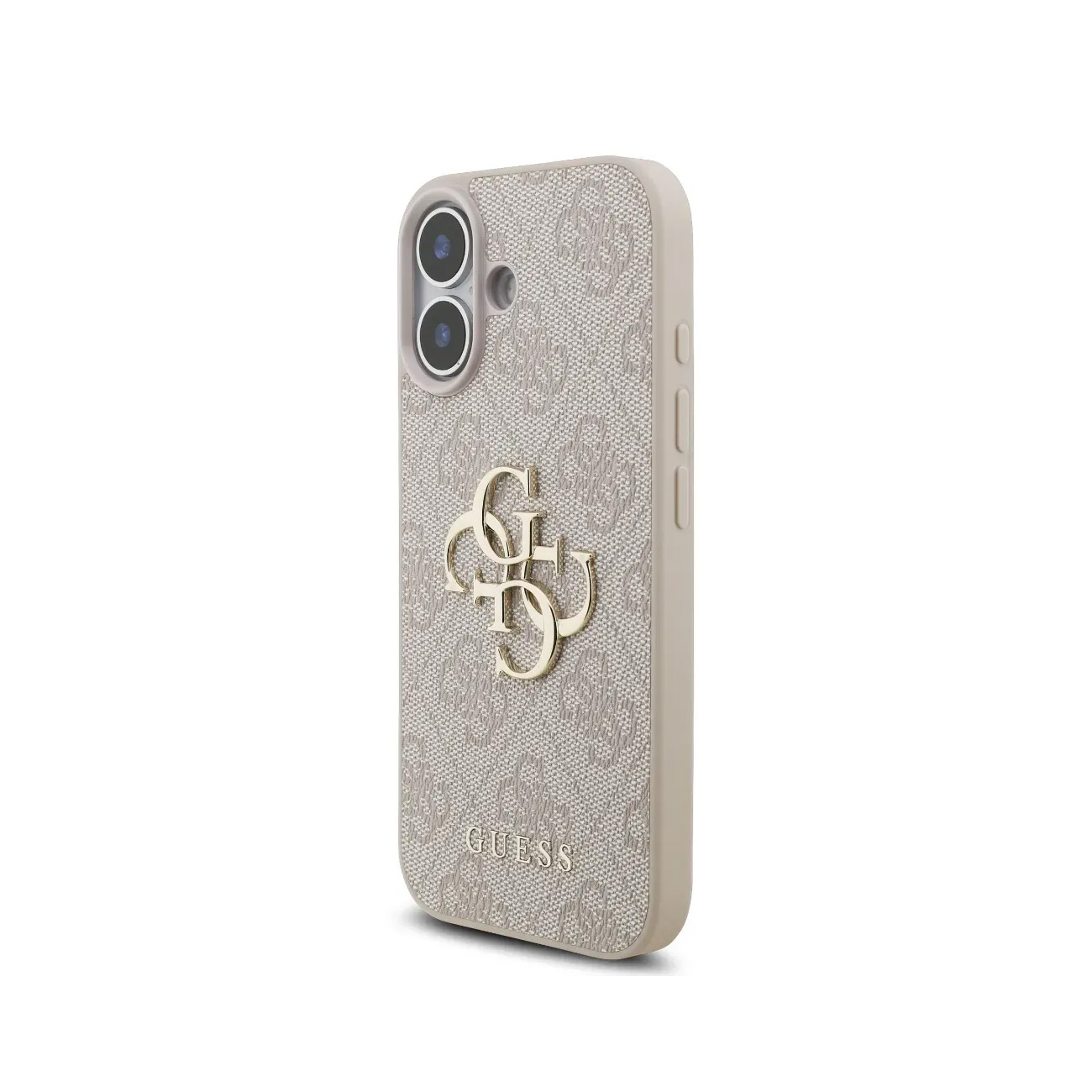 Una custodia chiara per iPhone con logo e motivo GUESS.