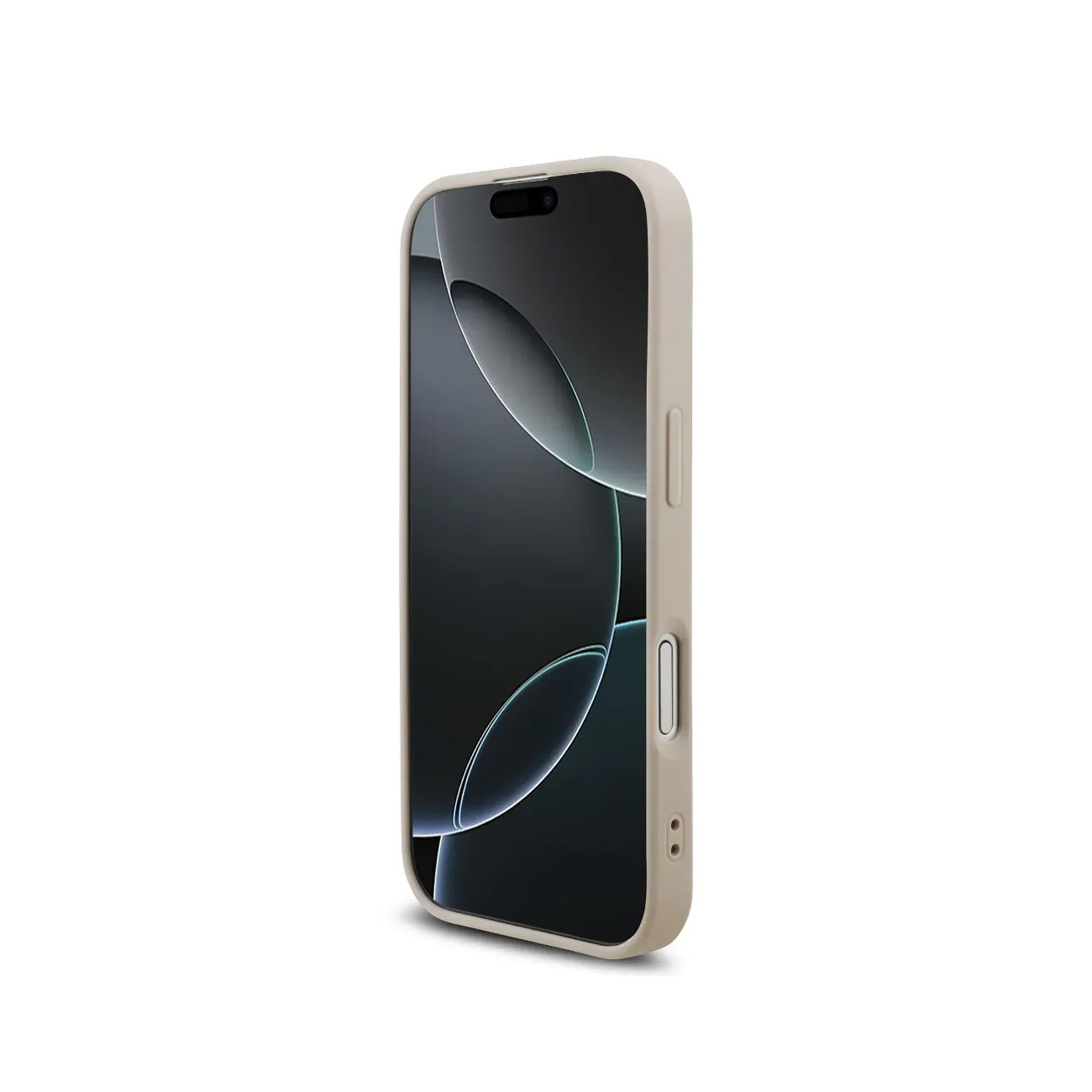 Una custodia beige chiaro protegge uno smartphone con schermo scuro.