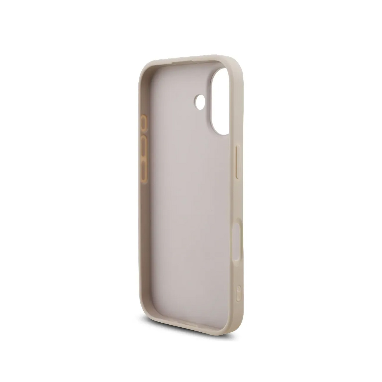 Una custodia per telefono grigio chiaro con ritagli per fotocamera e pulsanti.