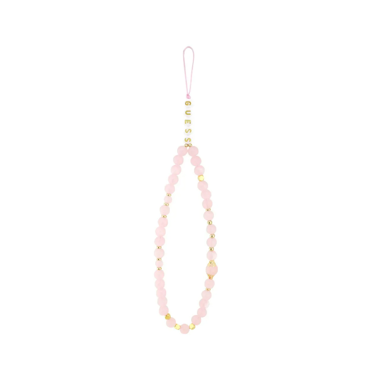 Un bracciale di perline rosa con accenti dorati e la scritta GUESS.