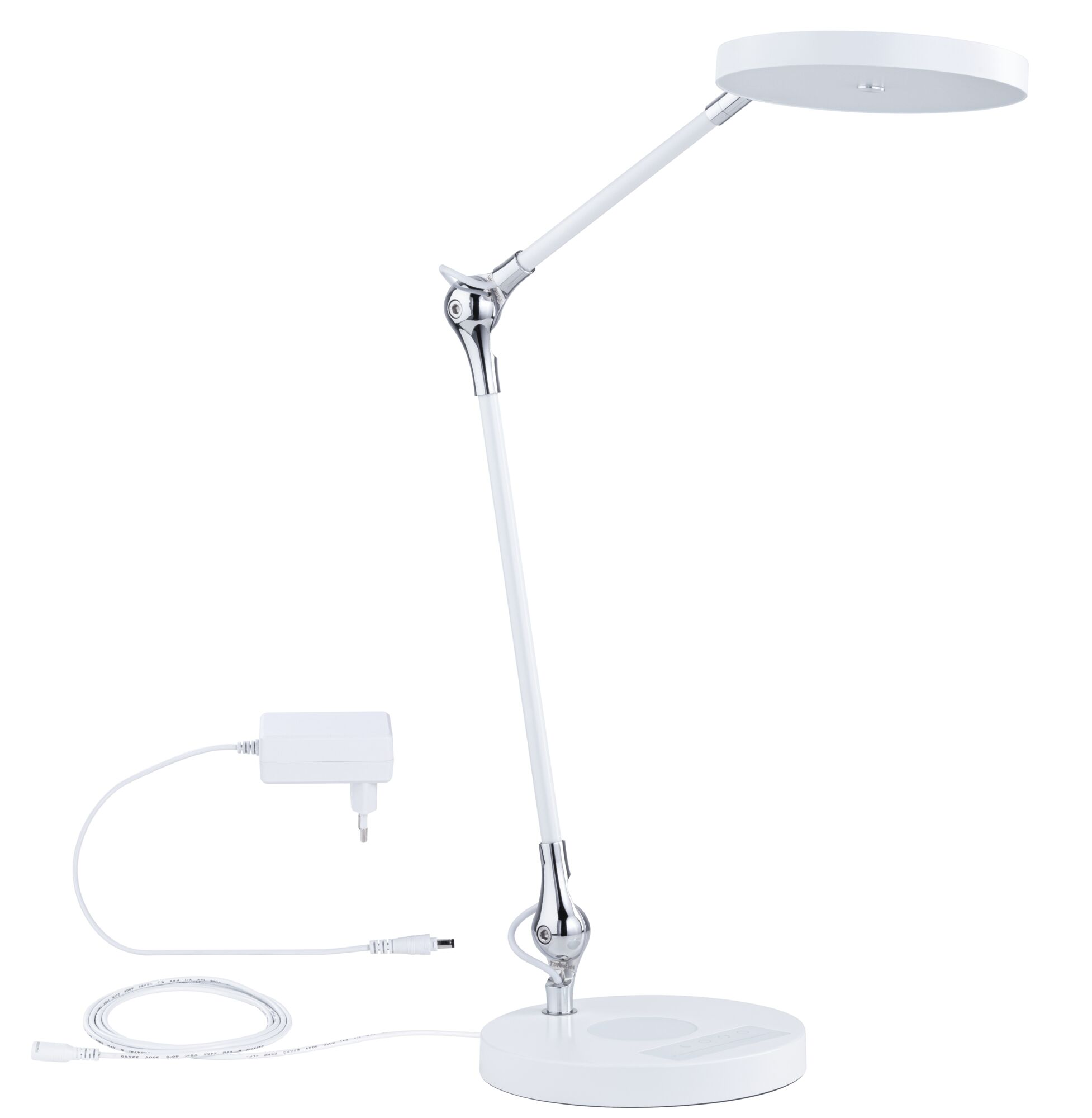 Lampada da scrivania bianca con braccio regolabile e alimentatore.