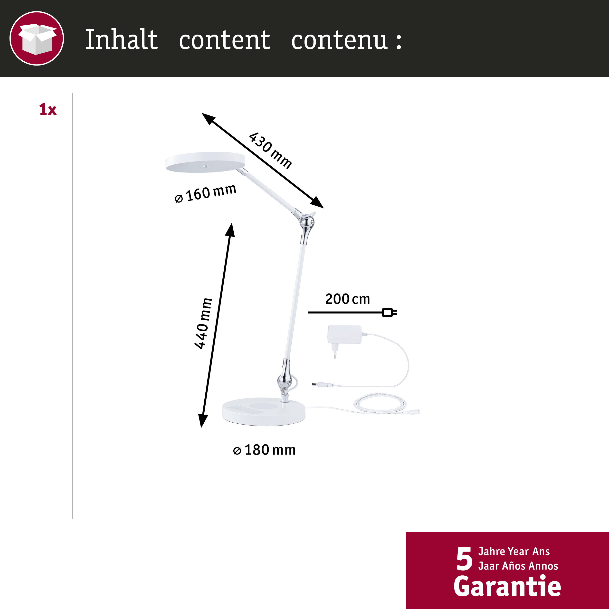 Lampada da scrivania bianca con dimensioni e adattatore.