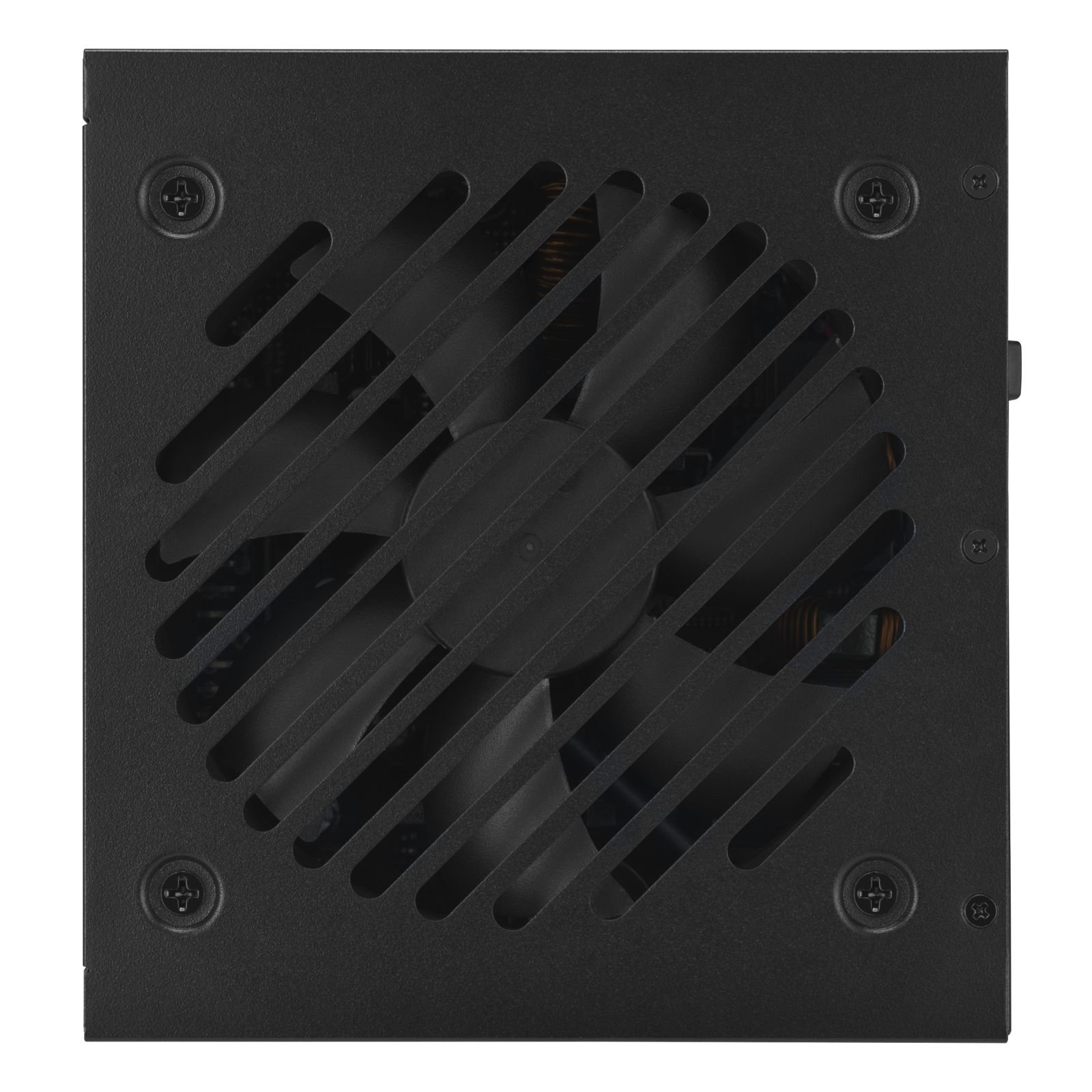 Czarny wentylator komputerowy z kratką i śrubami.