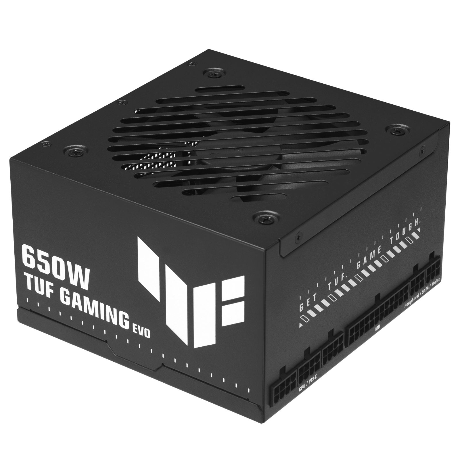Czarny zasilacz 650W TUF Gaming EVO z białymi logo i tekstem, kratka wentylatora na górze.