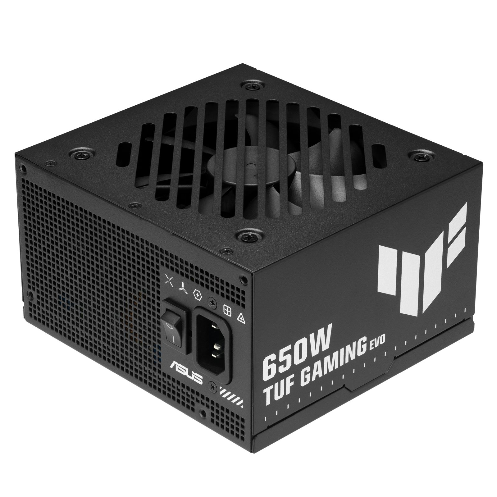 Czarny zasilacz z kratką wentylatora, przełącznikiem i napisem 650W TUF GAMING EVO.