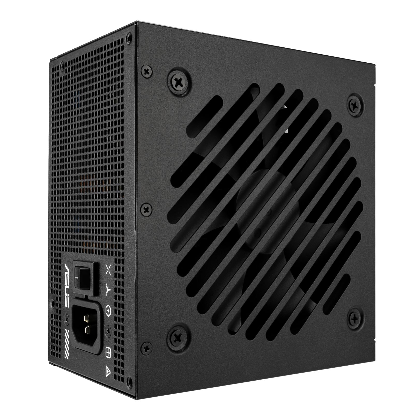 Czarny zasilacz komputerowy ASUS z otworami wentylacyjnymi i portami, na białym tle.