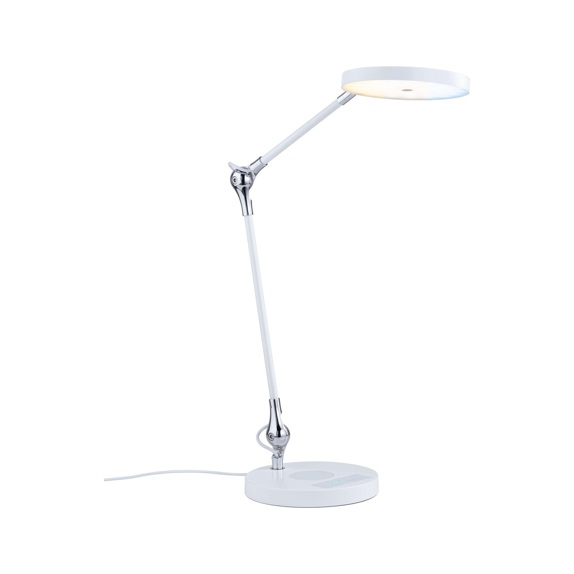 Eine weiße Schreibtischlampe mit Gelenkarm und runder Basis.
