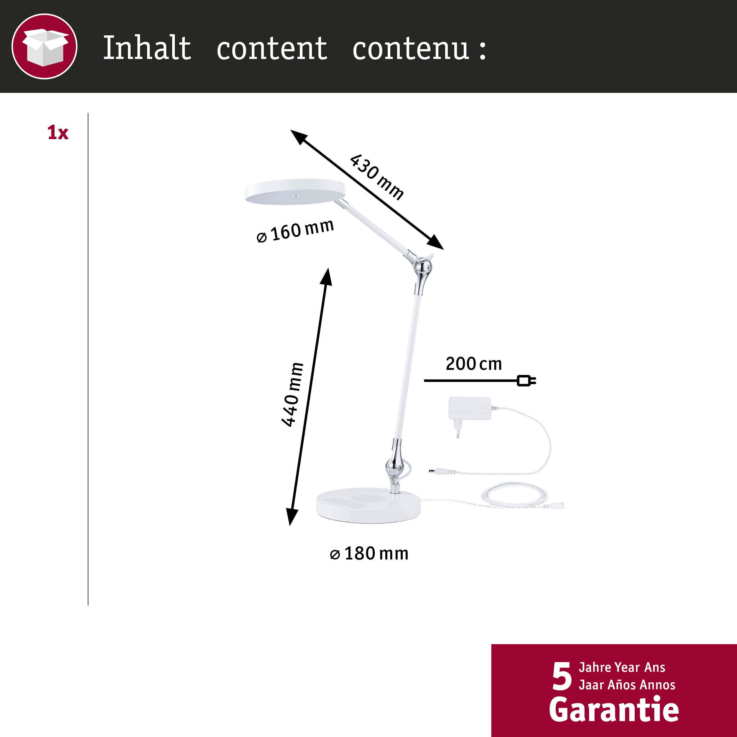 Weiße Schreibtischlampe mit Maßen und Netzteil. 5 Jahre Garantie.