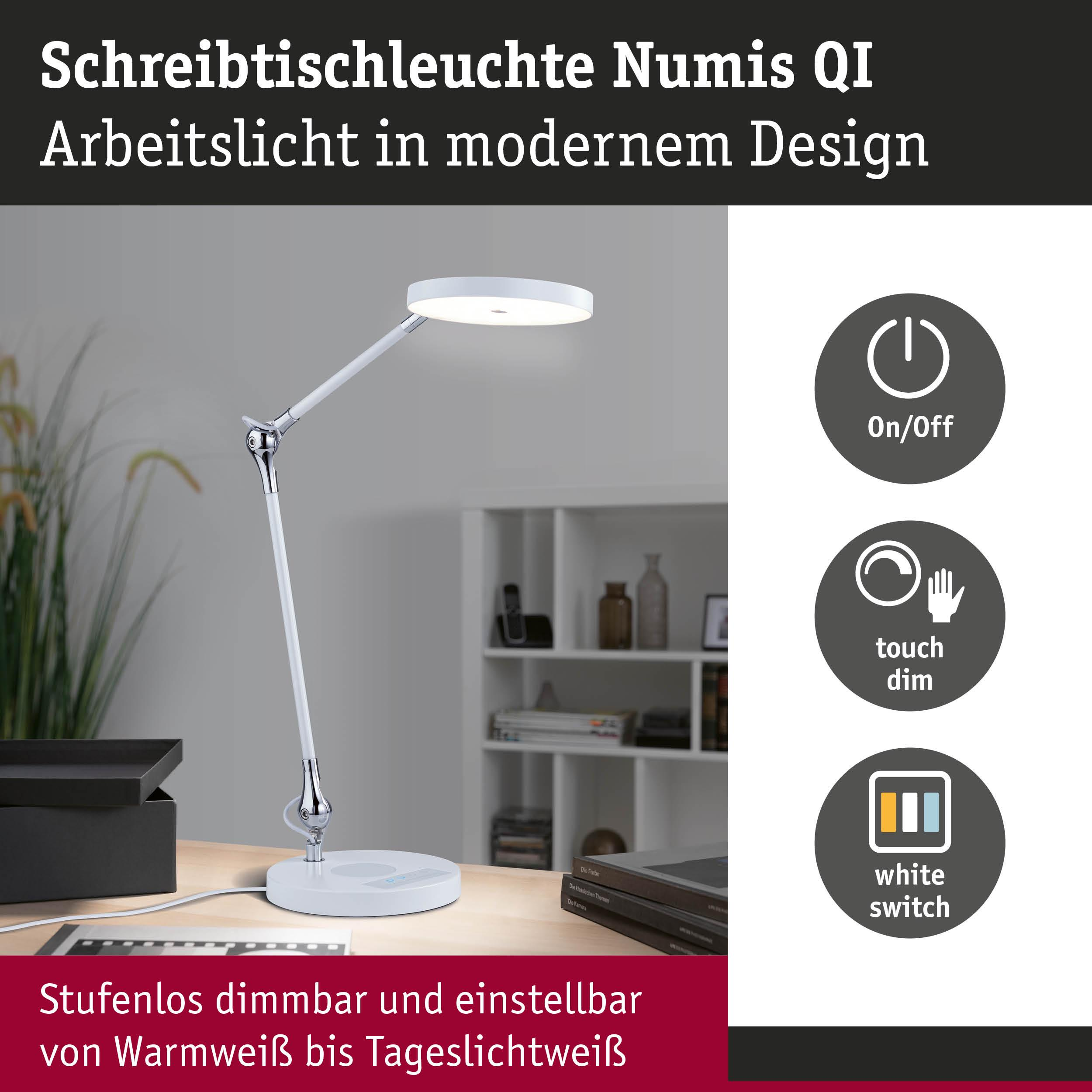 Moderne weiße Schreibtischlampe mit runder LED-Leuchte und Touch-Steuerung.