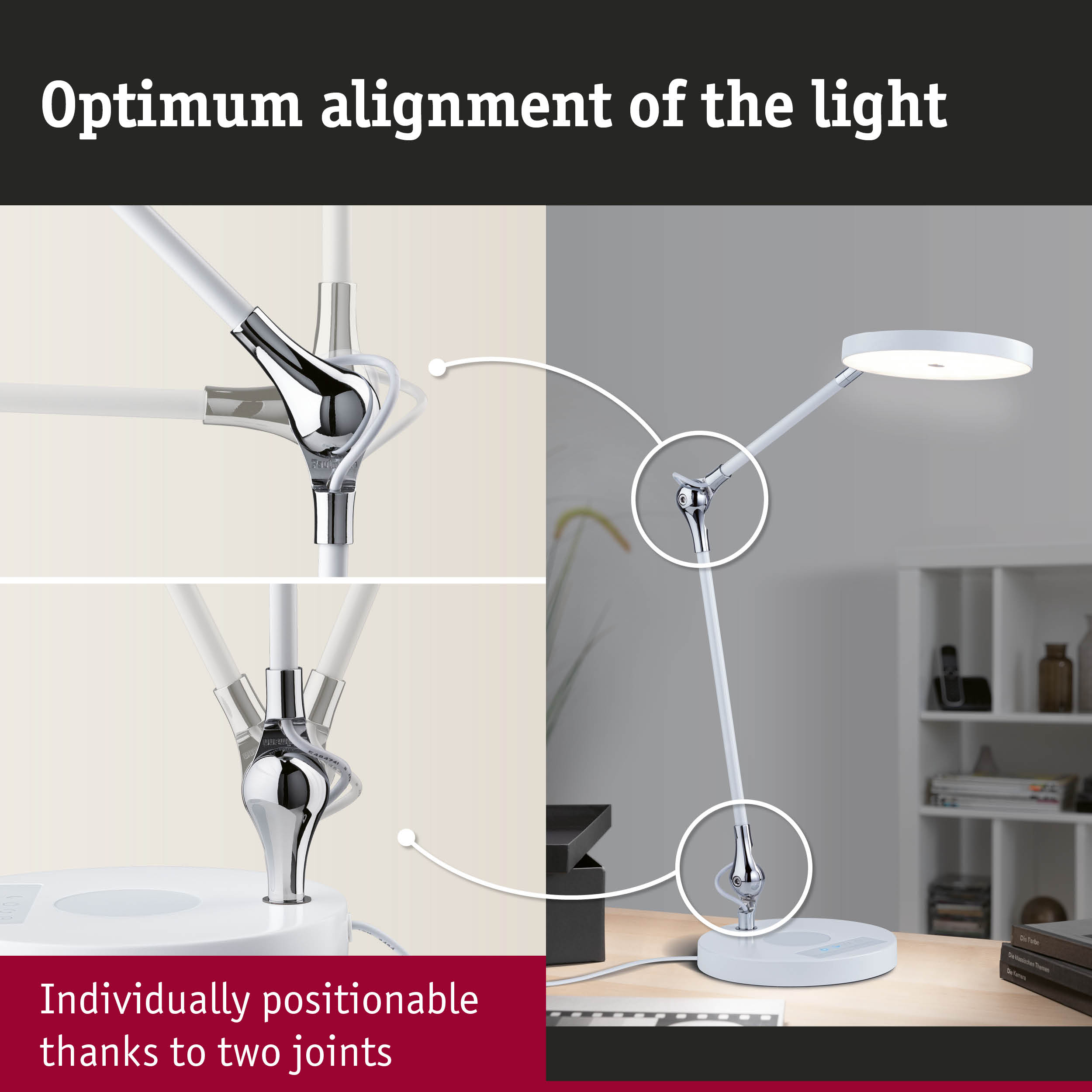 Eine weiße Schreibtischlampe mit zwei Gelenken steht auf einem Schreibtisch.