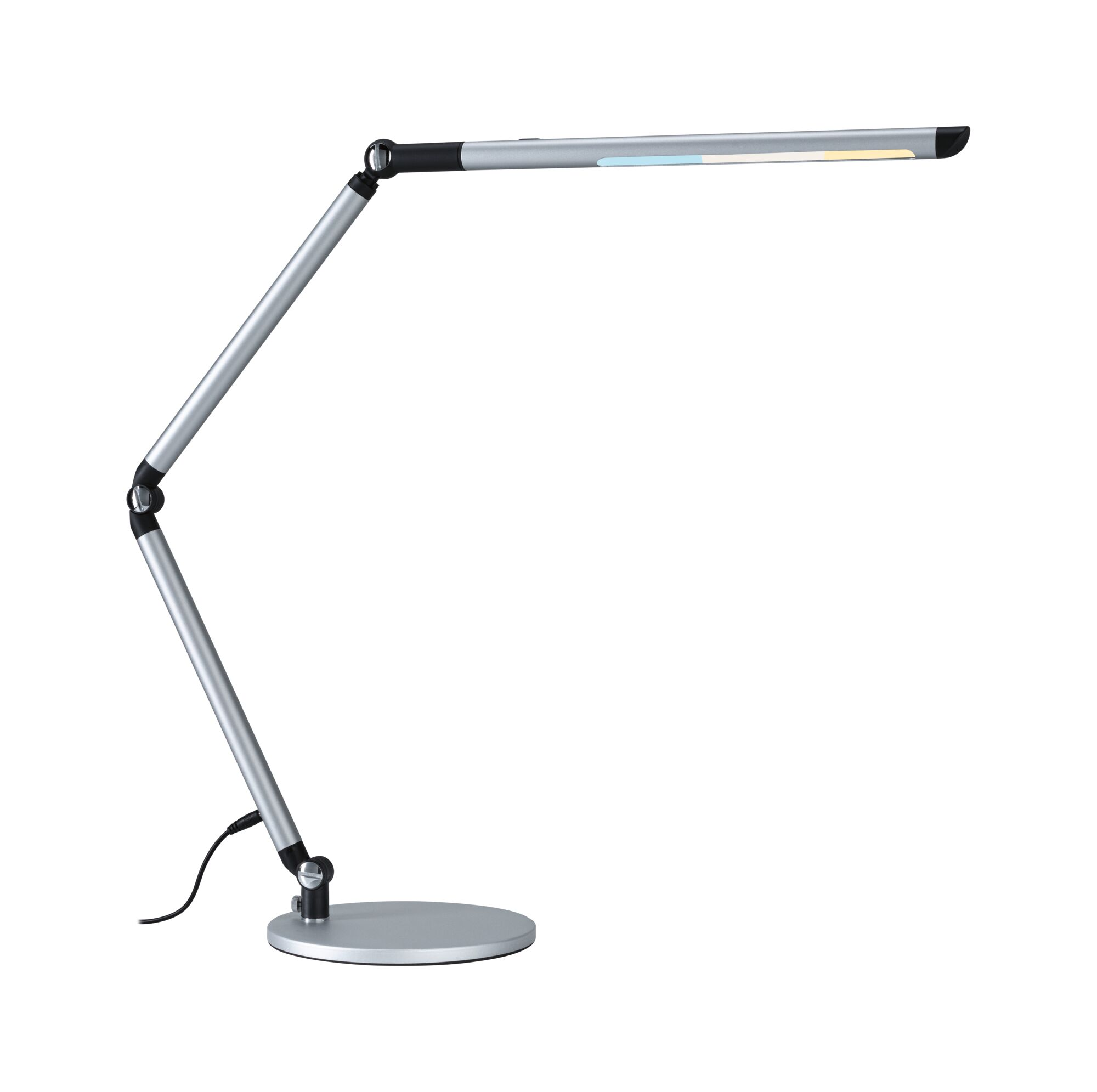Lampada da scrivania argentata con braccio regolabile e base rotonda.