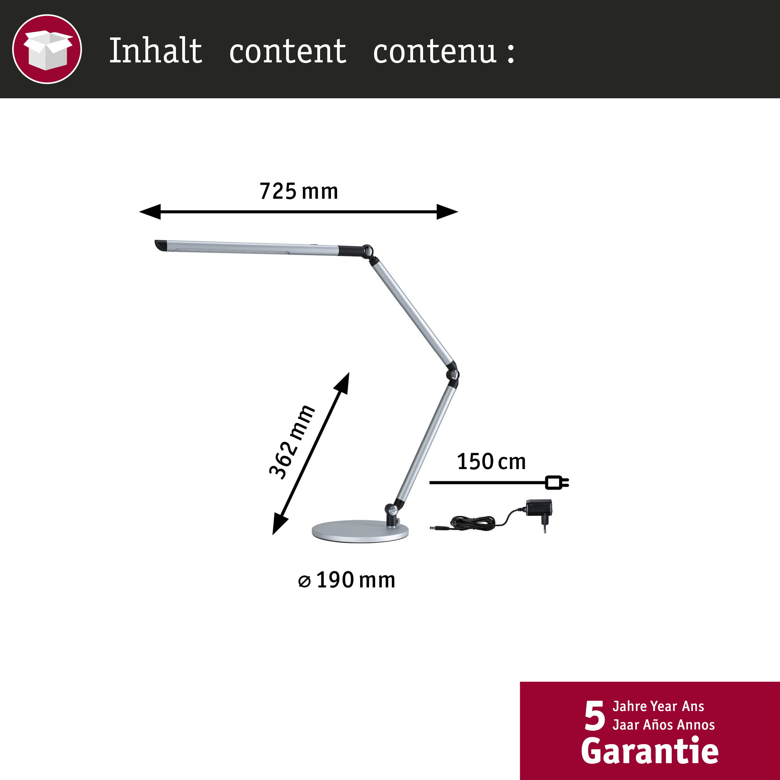 Lampada da scrivania argentata con dimensioni: 725mm larghezza, 362mm altezza, 190mm base.
