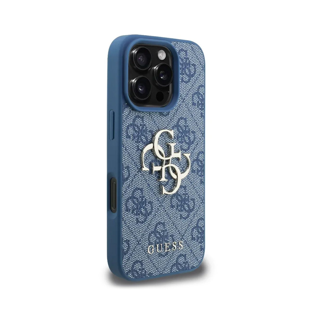 Funda de teléfono azul con logo Guess y patrón sobre fondo blanco.