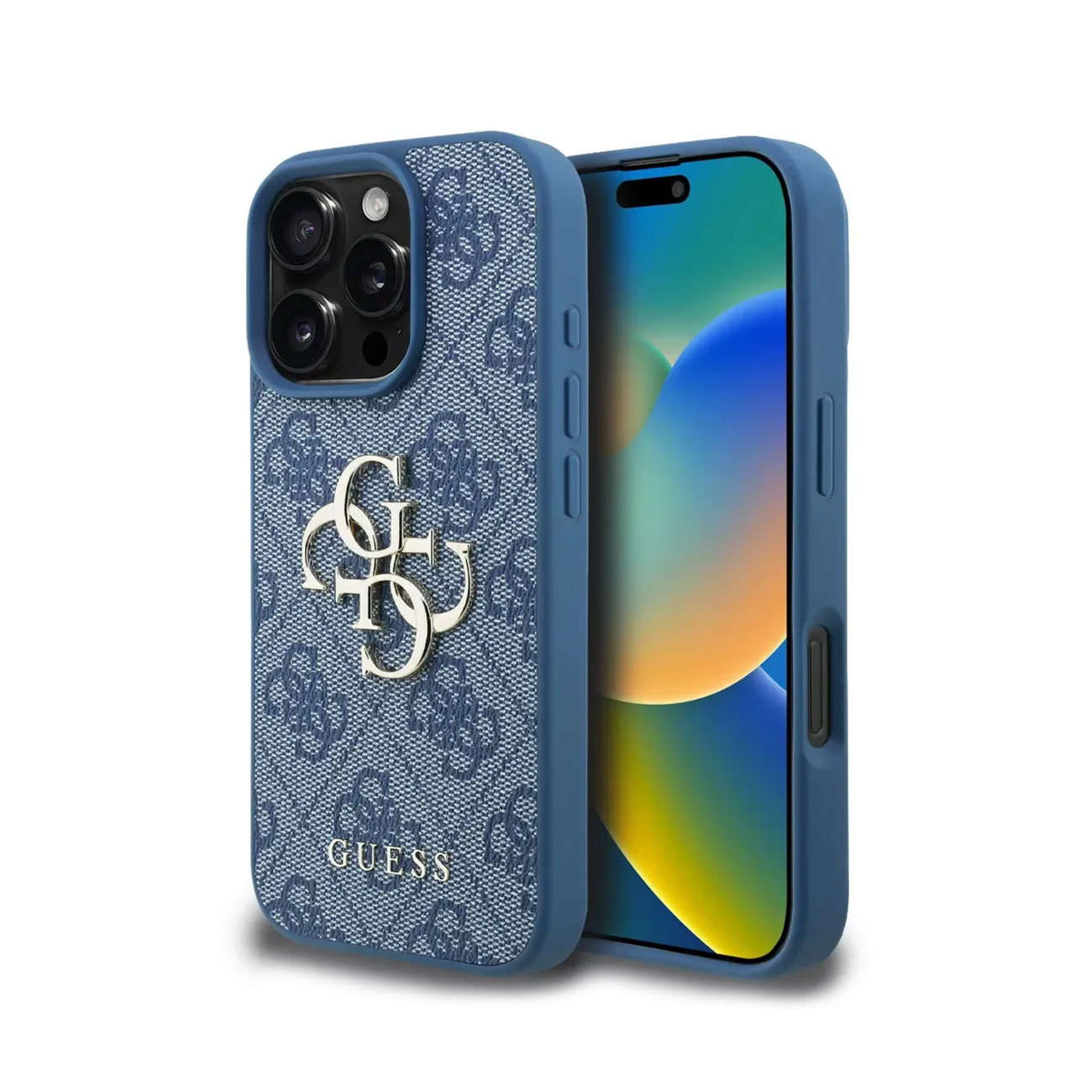 Funda de teléfono azul con logo de Guess y patrón de monograma en un iPhone.