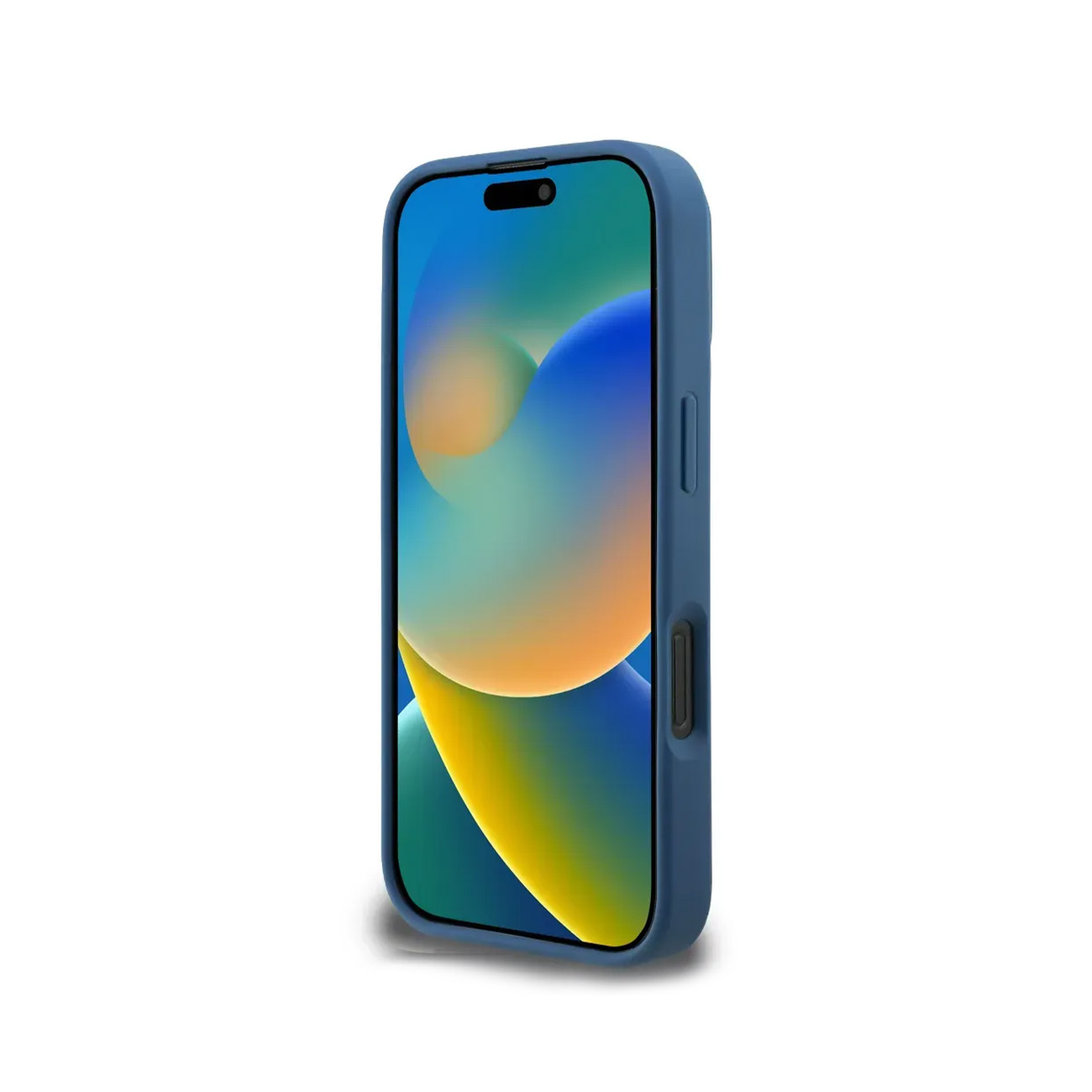 Un teléfono inteligente azul con un fondo de pantalla colorido, aislado sobre fondo blanco.