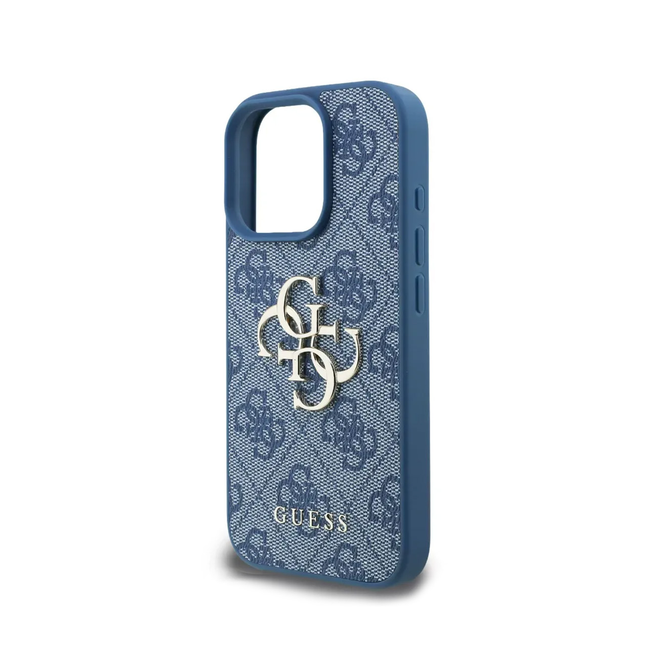 Una funda de teléfono azul con logo GUESS y patrón repetido.