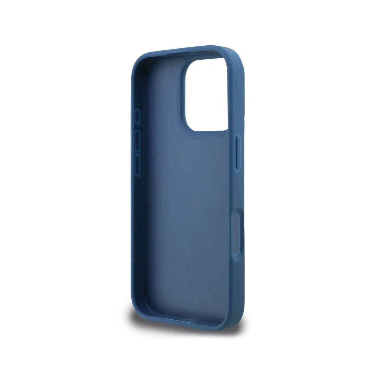 Una funda de teléfono de silicona azul marino sobre una superficie blanca.