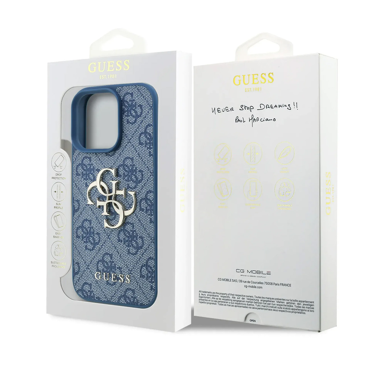 Funda Guess para iPhone en azul oscuro con patrón de monograma y logo dorado.