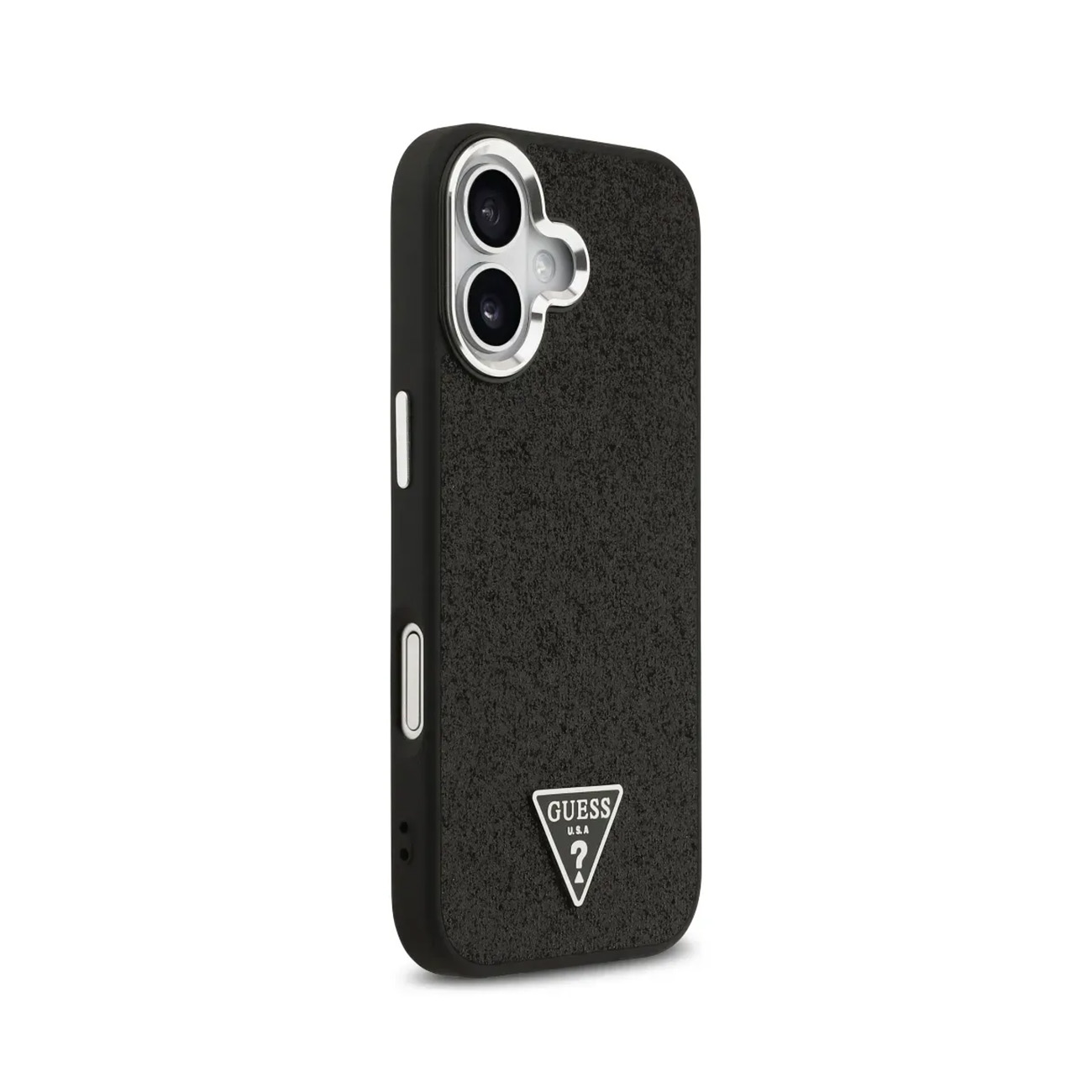 Funda negra para teléfono con protección de cámara y logo Guess.