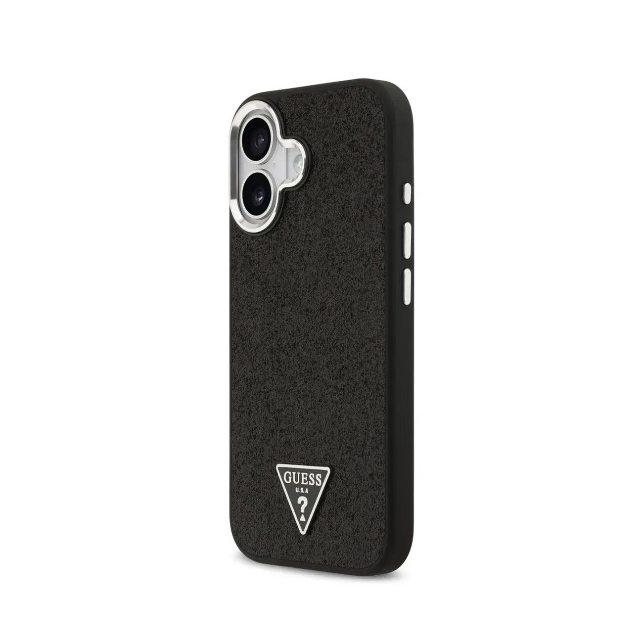 Funda negra para teléfono con protección de cámara y logo Guess.