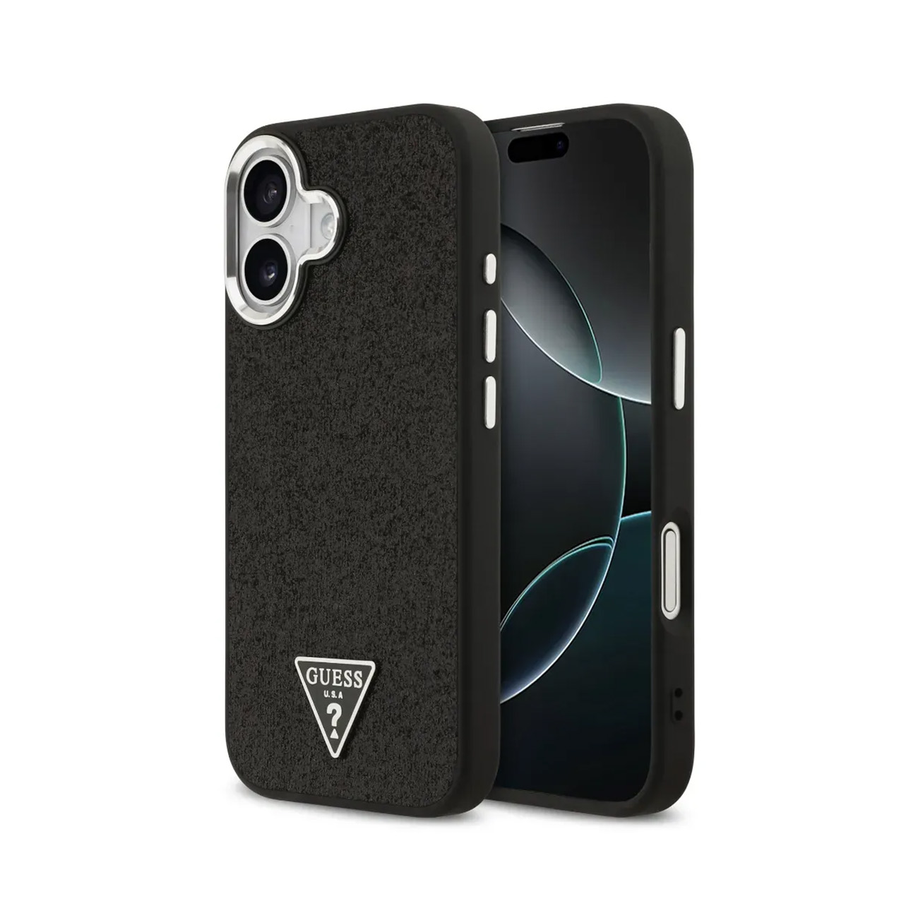 Funda negra para teléfono con logo de Guess en un smartphone.