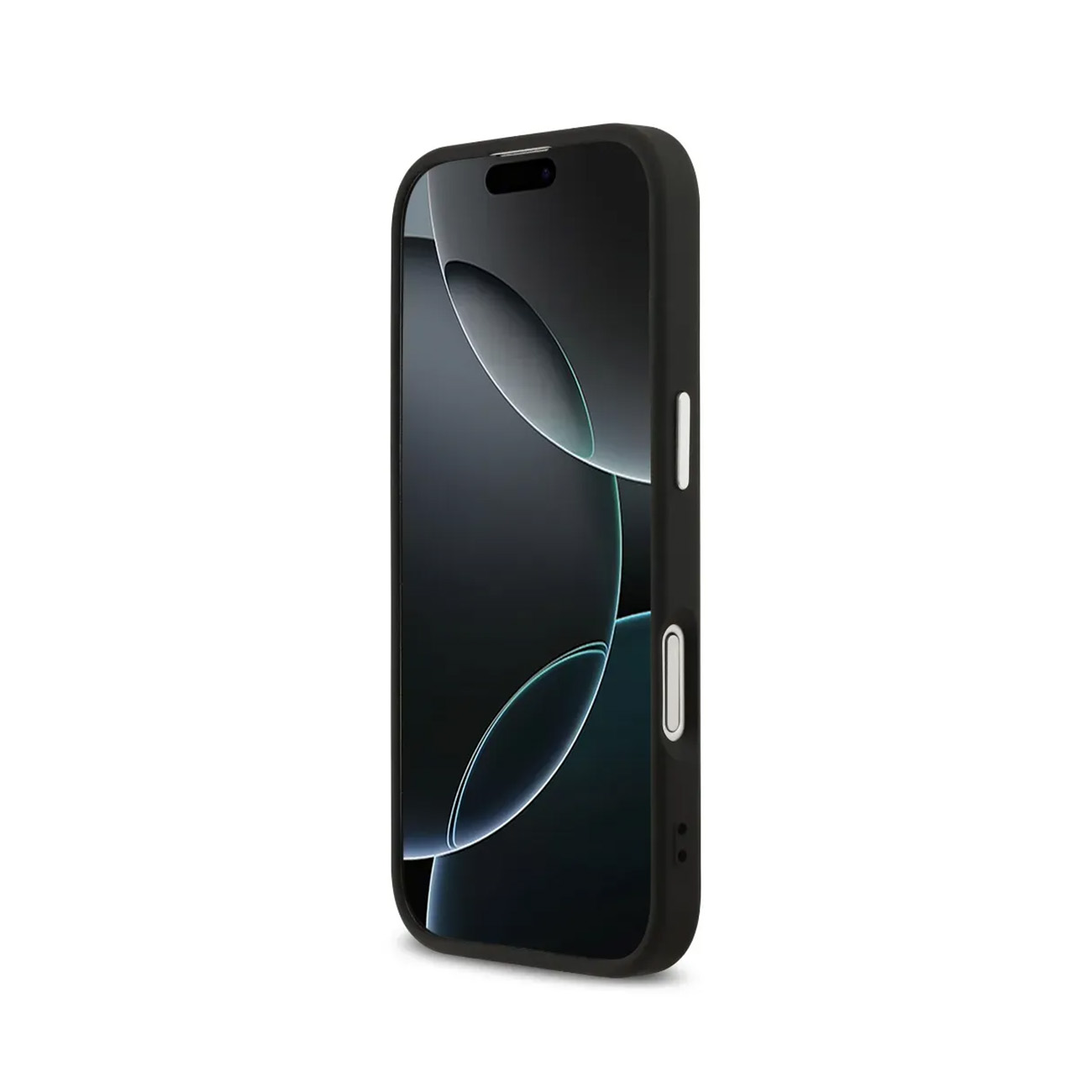 Teléfono inteligente negro con fondo oscuro y líneas brillantes.