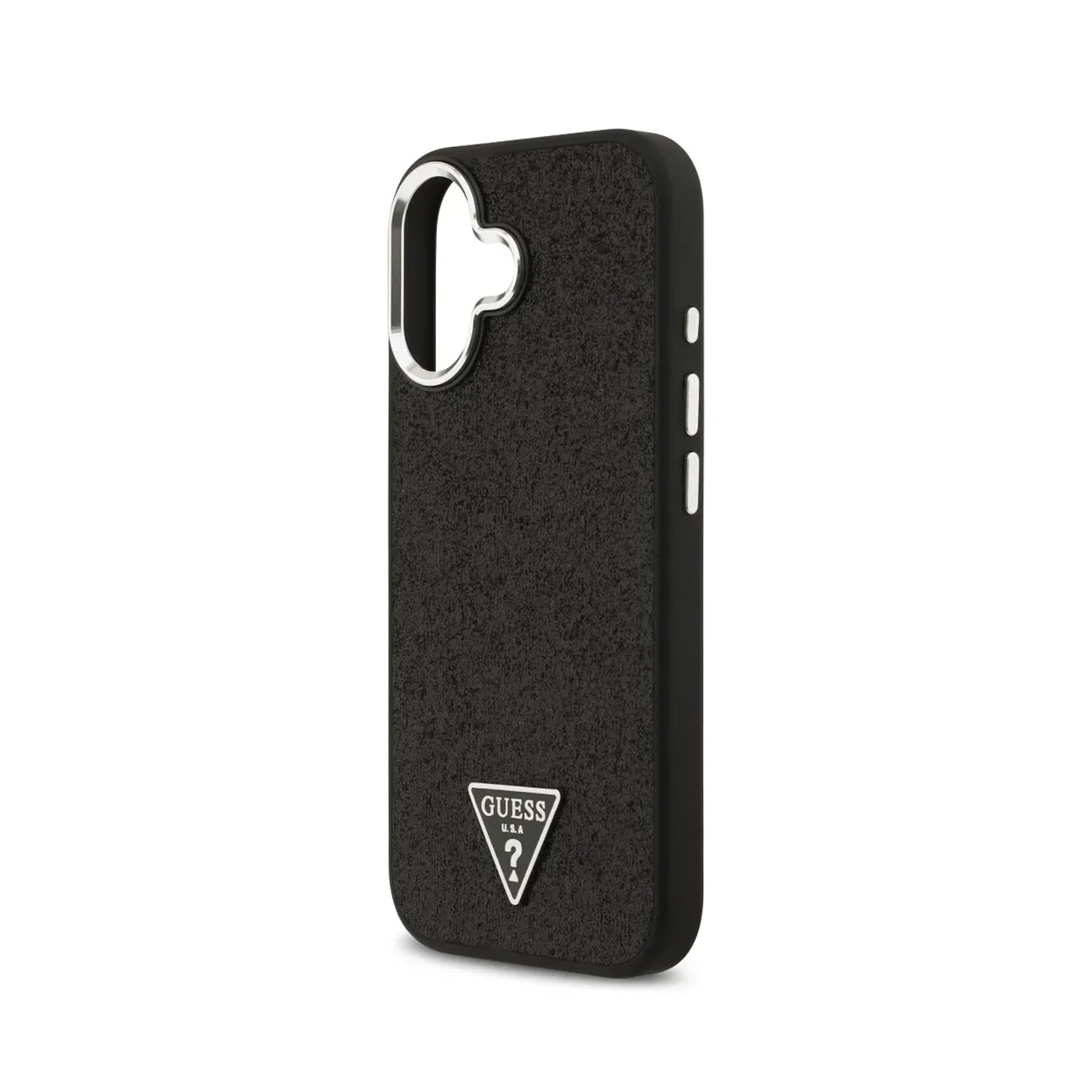 Funda negra texturizada para teléfono con logo plateado Guess.