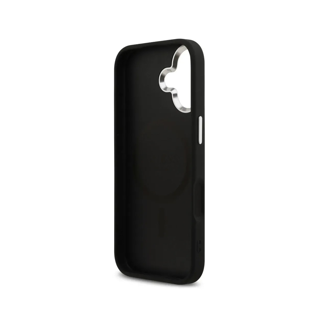 Funda de teléfono negra con anillo de cámara plateado.