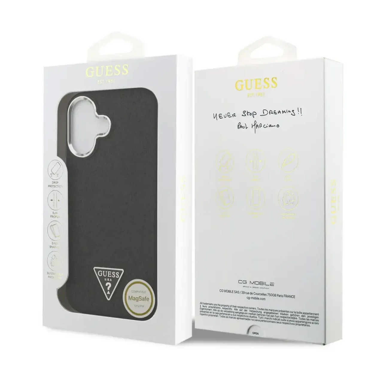 Funda negra Guess en embalaje blanco, compatible con MagSafe.