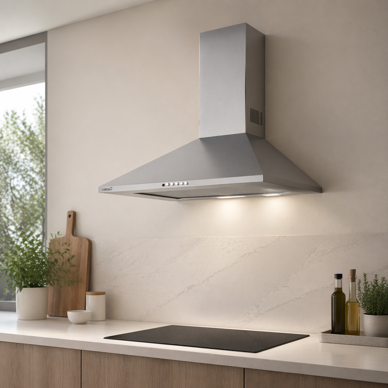Cocina moderna con campana extractora de acero inoxidable, placa y encimera.