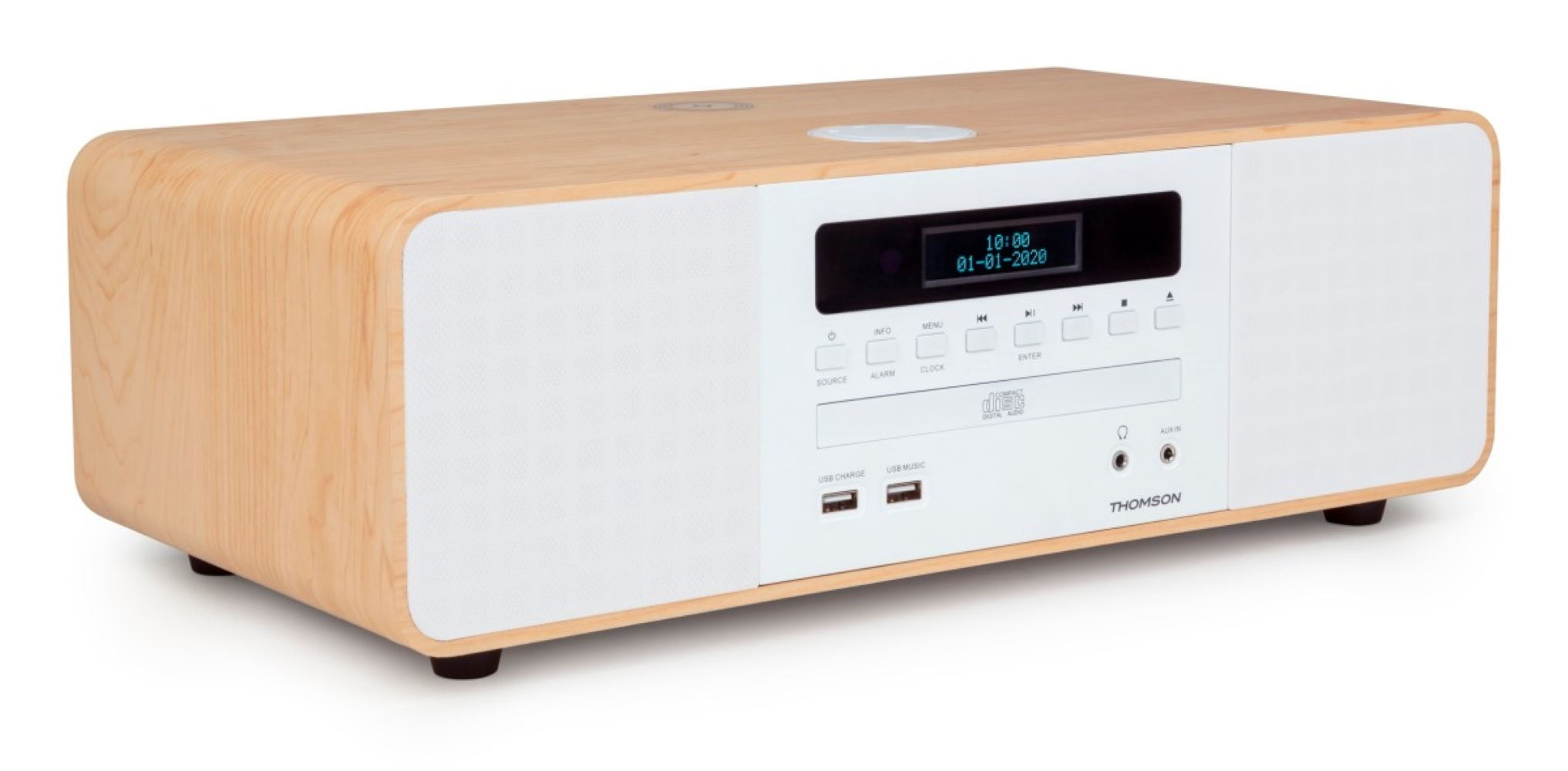 Nowoczesne drewniane radio z odtwarzaczem CD, portami USB i cyfrowym wyświetlaczem.