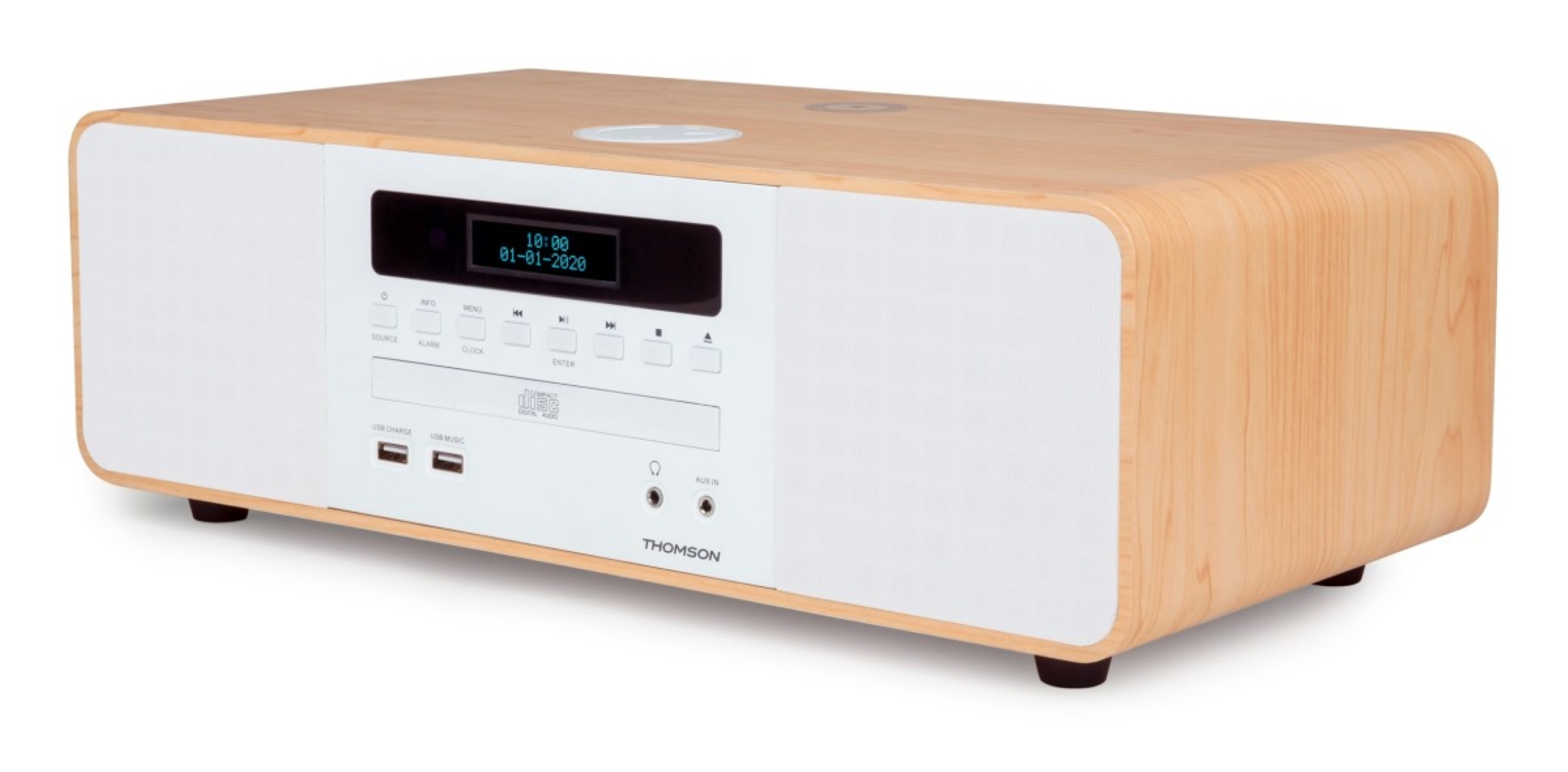 Radio Thomson z drewnianą obudową, odtwarzaczem CD, portami USB i ekranem.