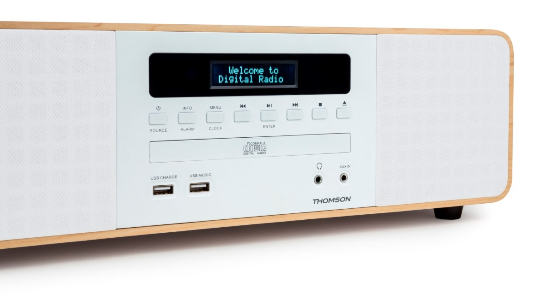 Białe radio cyfrowe Thomson z drewnianą ramką, gniazdem CD i portami USB.