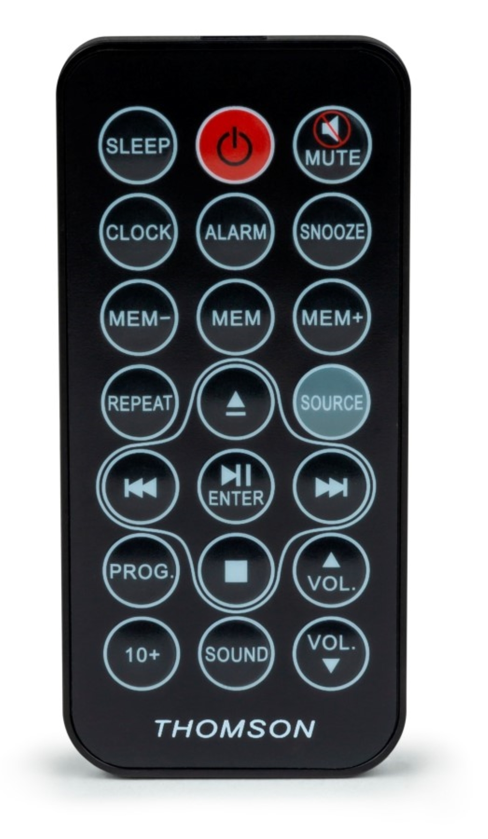 Czarny pilot z przyciskami SLEEP, ALARM, SOURCE, THOMSON.