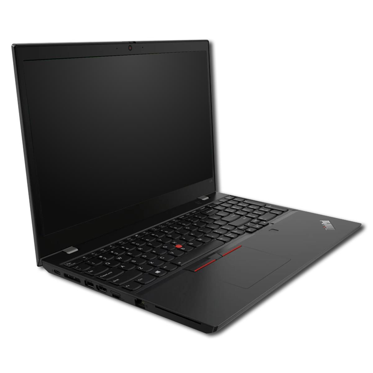 Laptop nero con schermo aperto, tastiera e touchpad. Isolato su bianco.